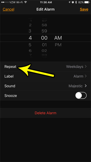 change repeat setting for iphone alarm