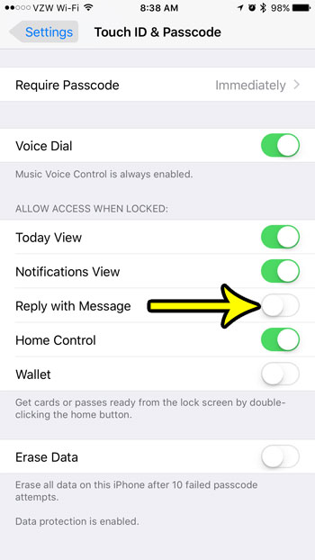 how to disable reply with message on the iphone lock screen