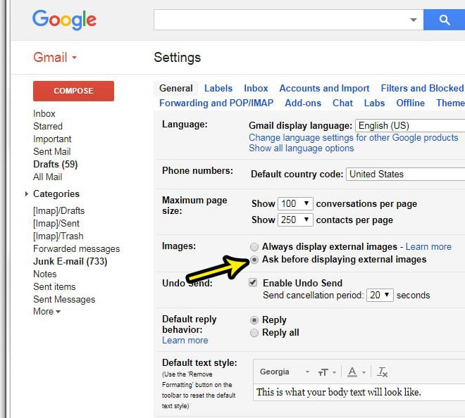 how to stop displaying external images in gmail