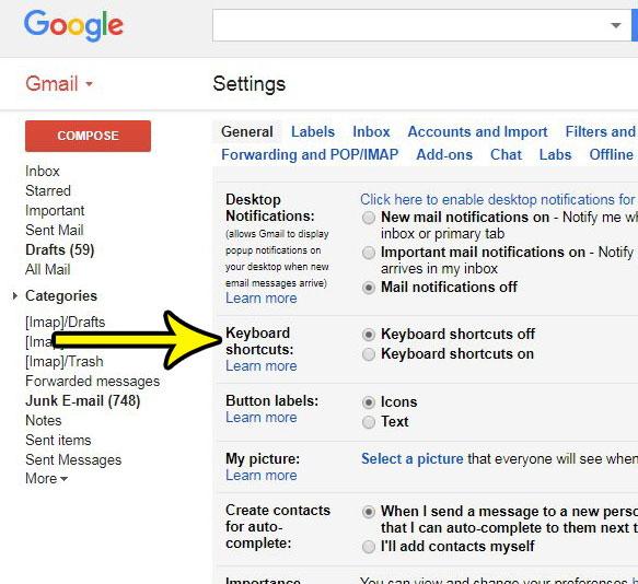 how to enable or disable keyboard shortcuts in gmail