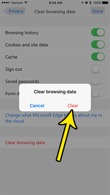 how to clear browsing data in the microsoft edge iphone app