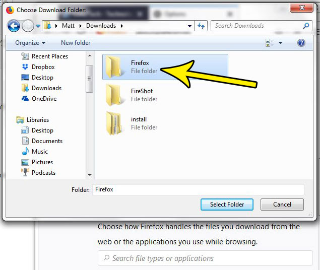choose a new downloads folder in firefox