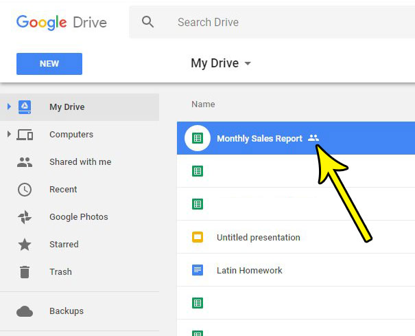 select the shared google sheets file