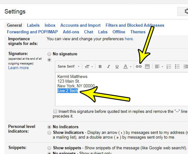 how to add link to signature in gmail