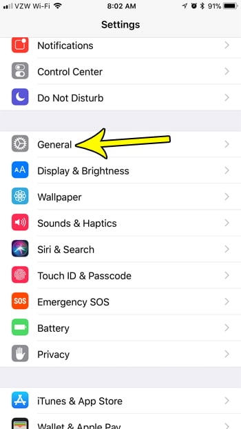 open iphone general menu