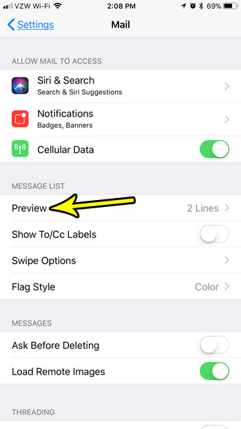 how stop showing email subject mail iphone