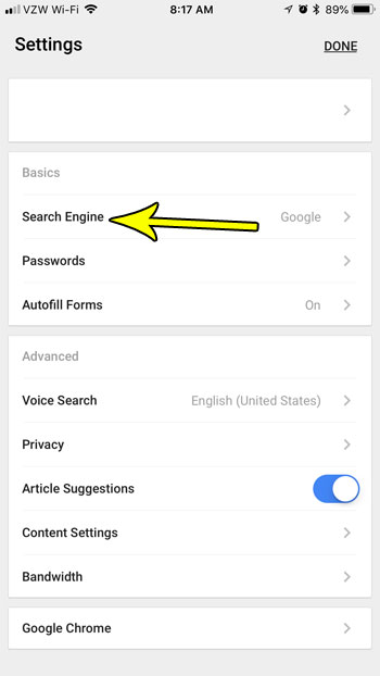 chrome iphone default search engine