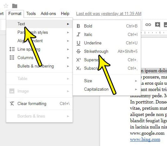 how draw line through text google docs