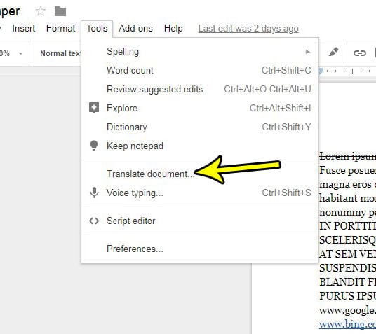 How to Translate to Another Language in Google Docs 2 choose the translate document tool