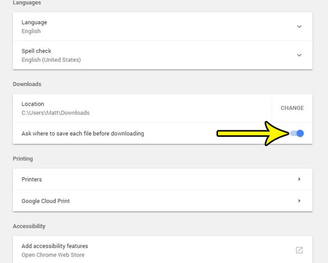 how choose location when downloading files in google chrome