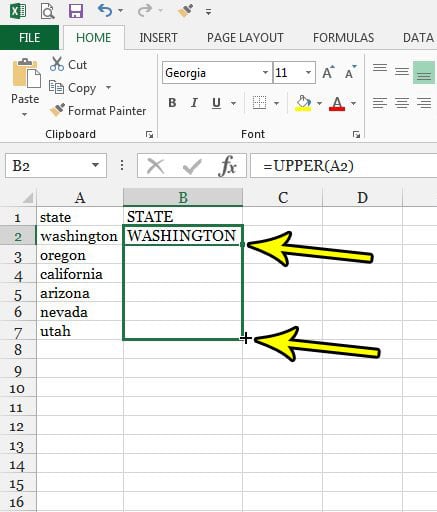 copy uppercase formula to other cells in excel 2013