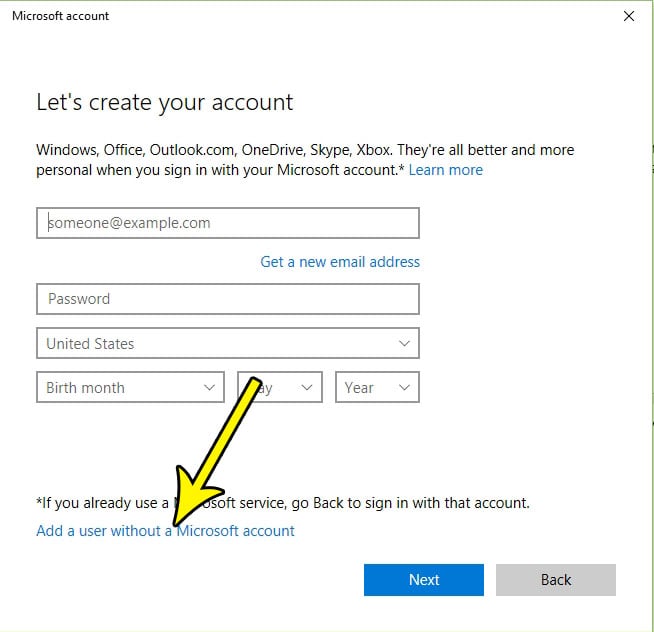 windows 10 user account without email