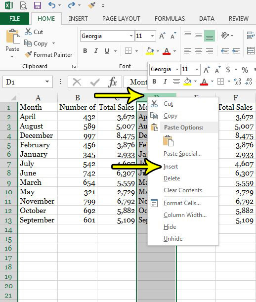 how to insert a column in excel 2013