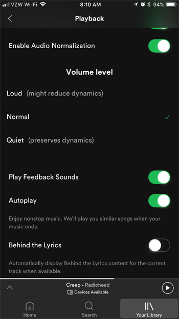 how to change the volume level in spotify on an iphone