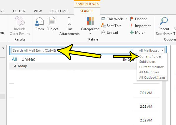 locating emails with attachments in outlook 2013