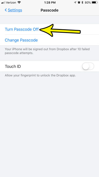 how turn off dropbox iphone passcode
