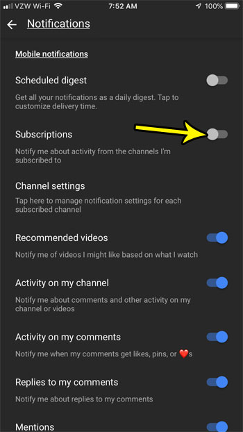 how disable notifications for youtube subscriptions on iphone