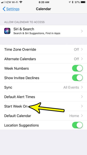 start week on different day iphone calendar