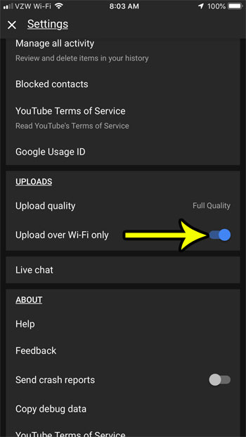 only upload over wifi in youtube iphone app