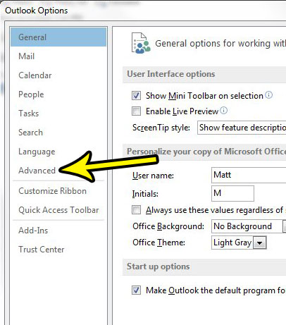 open advanced section of outlook options