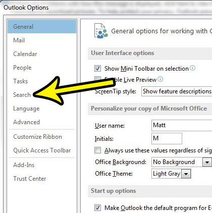 search tab in outlook options