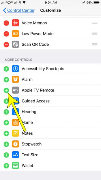 add apple tv remote to iphone control center