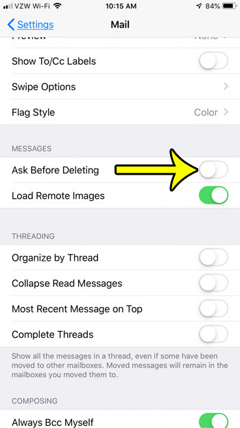 how to remove confirmation button when deleting iphone mail