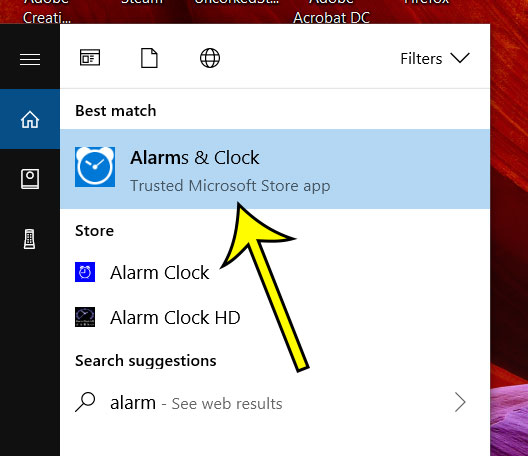 choose the alarms and clock search result