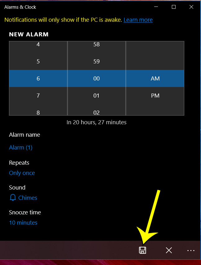 how to set a new windows 10 alarm