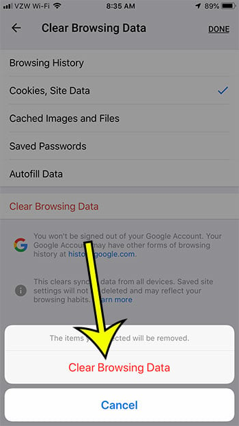 remove chrome iphone cookies