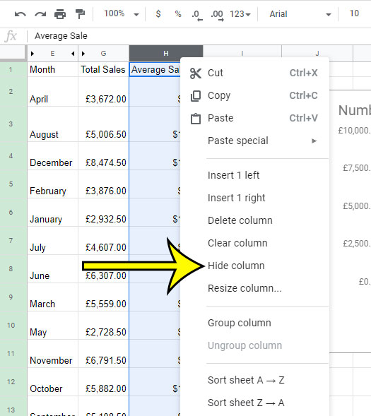 how to hide a column in google sheets