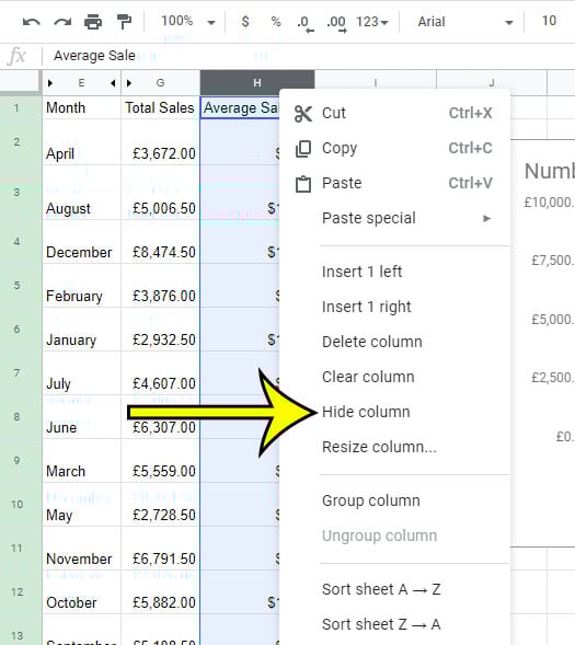 how to hide a column in google sheets