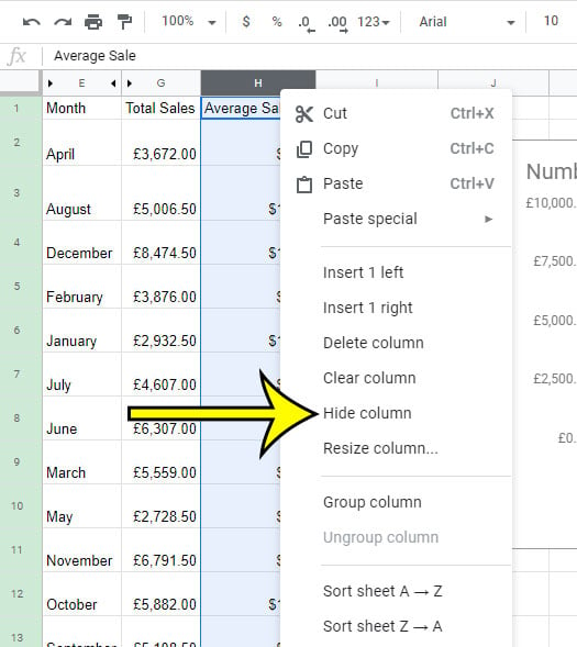 how to hide a column in google sheets