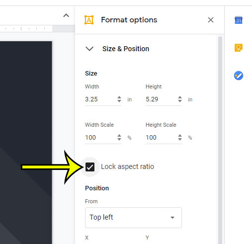 how to lock the aspect ratio for a picture in google slides