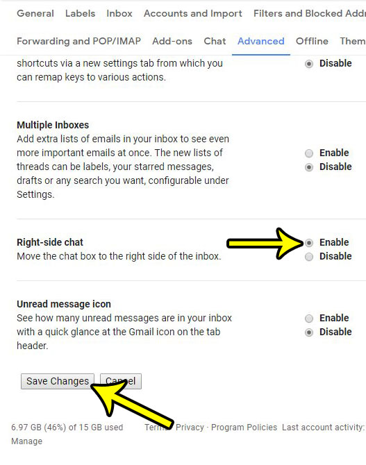 how to enable right side chat in gmail