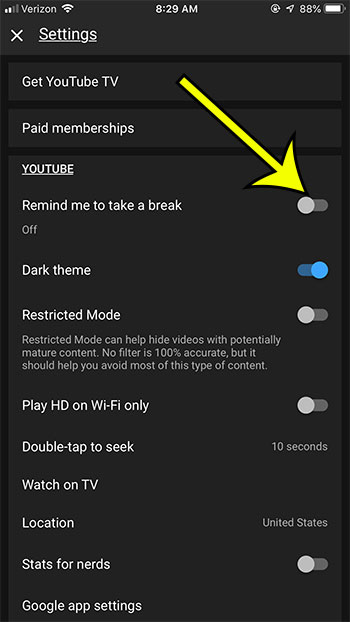 how to turn off the break reminder in the youtube iphone app