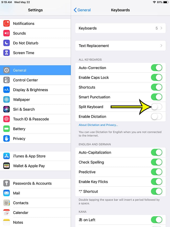 how to disable the split keyboard on an ipad