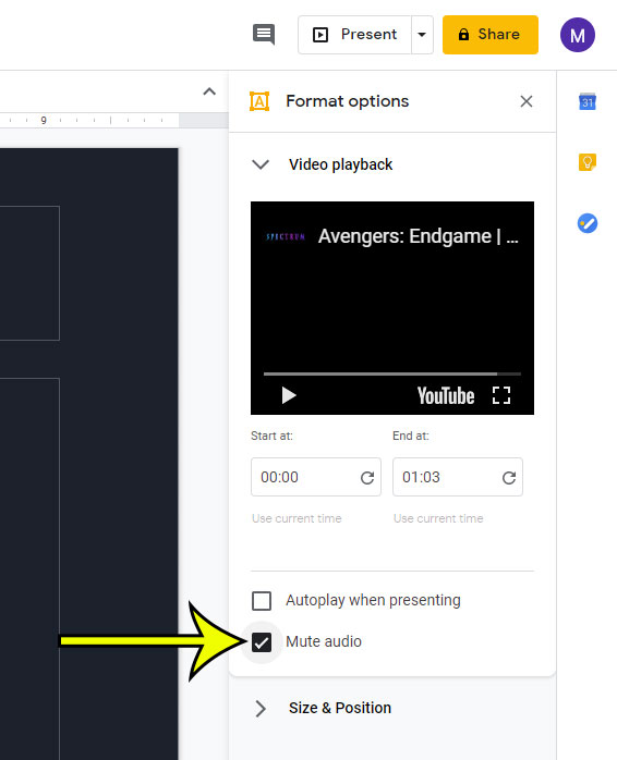 how to mute audio in a video in google slides