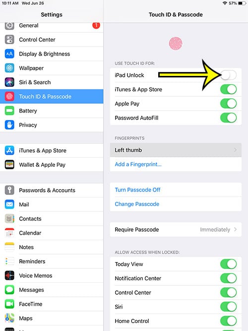 how to stop touch id from unlocking your ipad