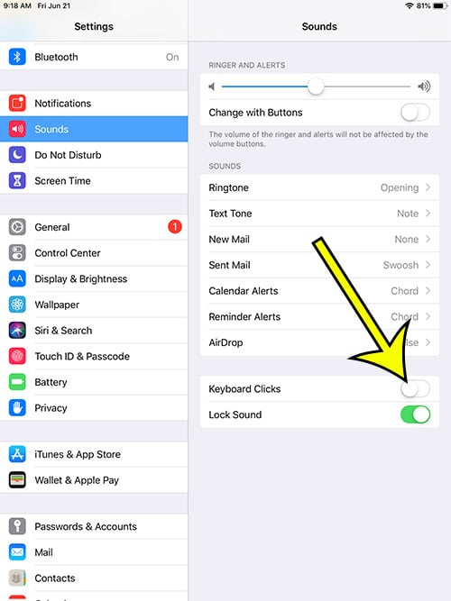 how to turn off keyboard clicks on an ipad