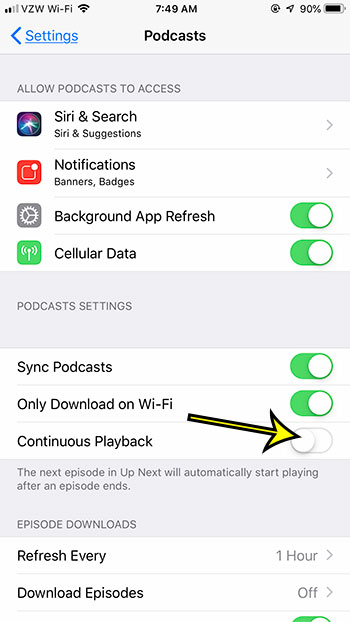 how to disable continuous playback in the podcasts app on an iphone