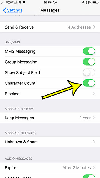 how to show a character count in iphone sms messages