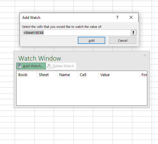 add a cell to the Watch Window in Excel