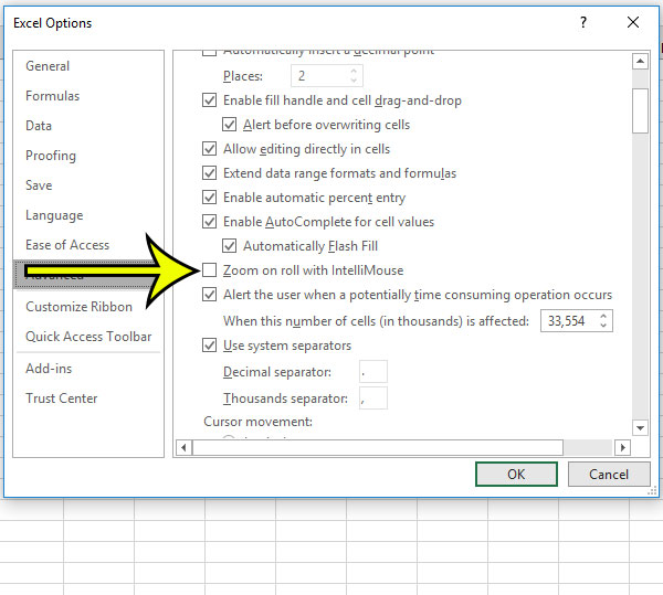 how to stop Excel from zooming when you scroll your mouse wheel