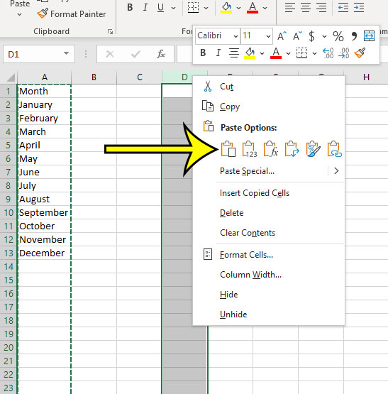 how to paste a copied column in Excel