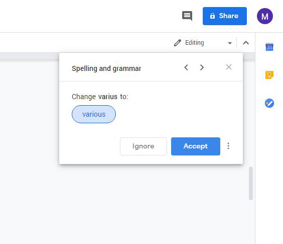 how to accept or ignore grammar suggestions in Google Docs
