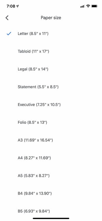 how to change paper size in the Google Docs iPhone app