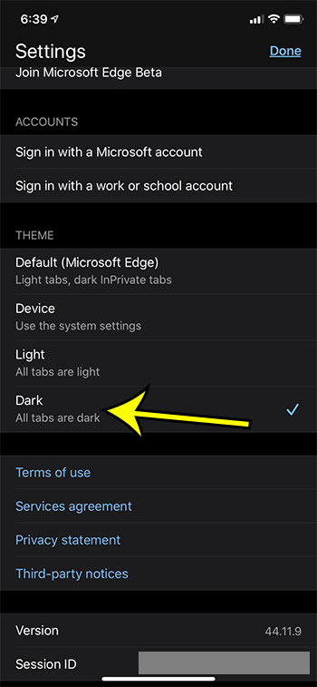 how to enable dark mode in the Microsoft Edge iPhone app