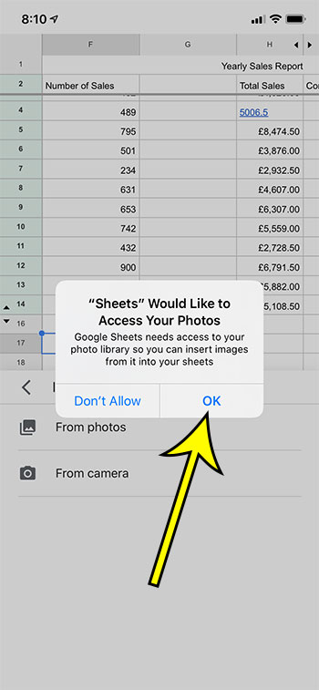 tap Ok to give Sheets access