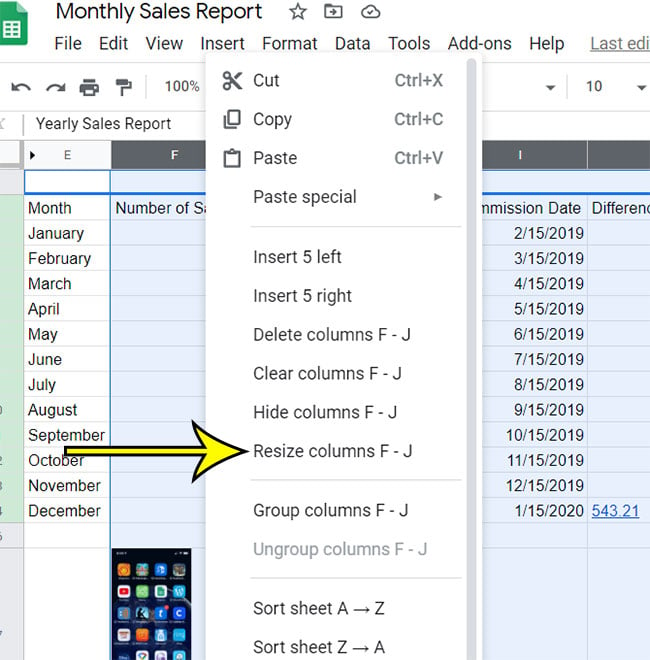 right-click, then choose Resize columns